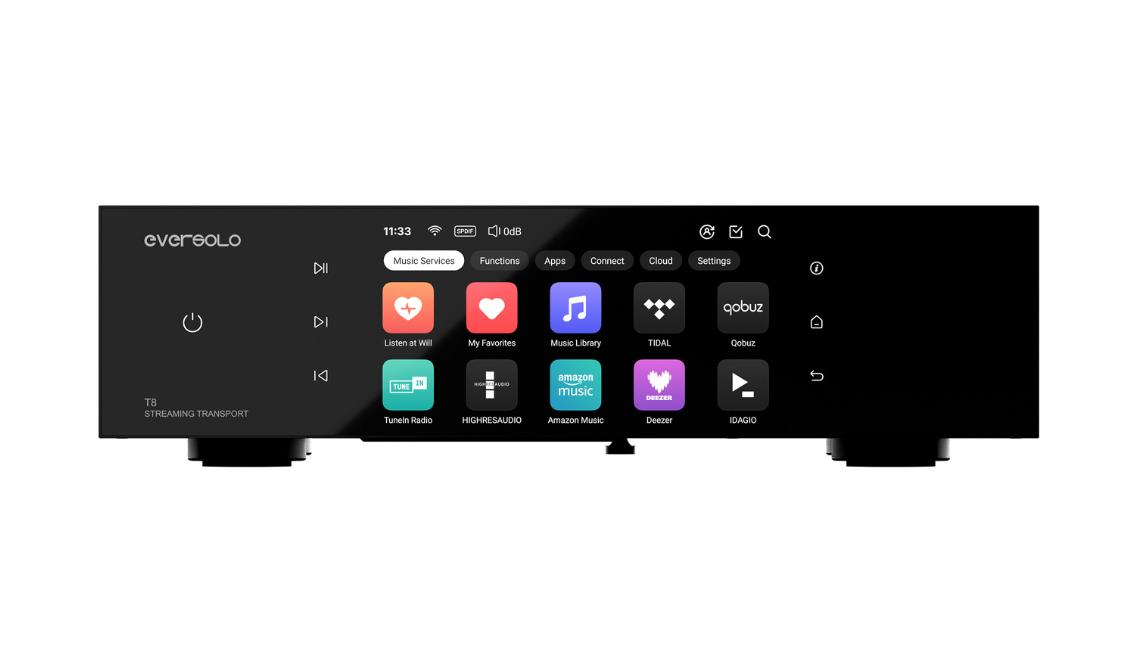 Eversolo T8 to high-endowy transport cyfrowy bez DAC-a. Femtosekundowy zegar, izolowane wyjścia i bit-perfect streaming dla najlepszej jakości dźwięku w Twoim systemie audio.